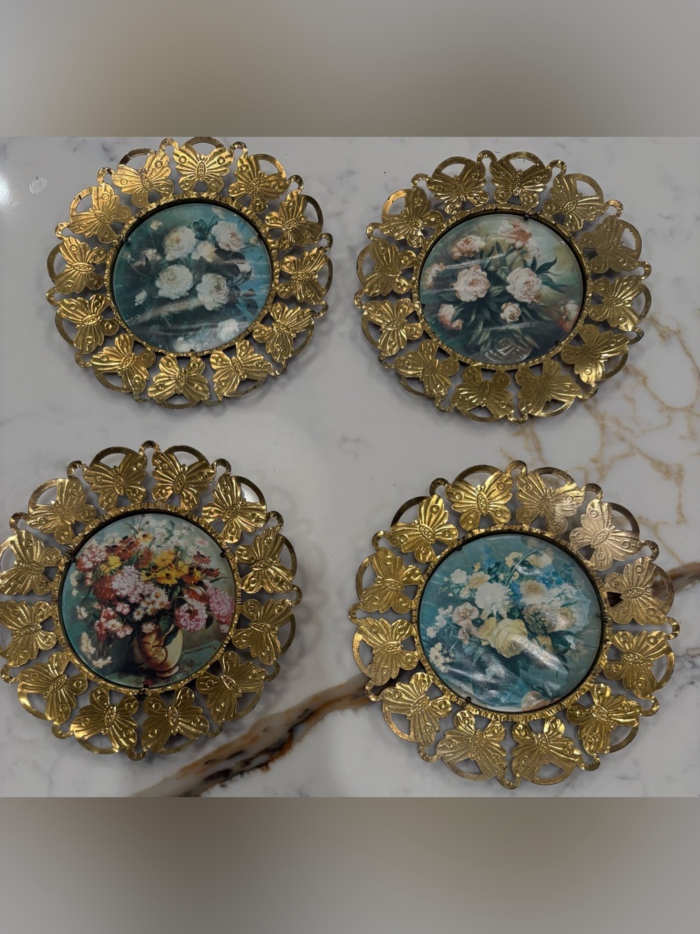Vintage Brass Butterfly framed floral prints - Set of 4